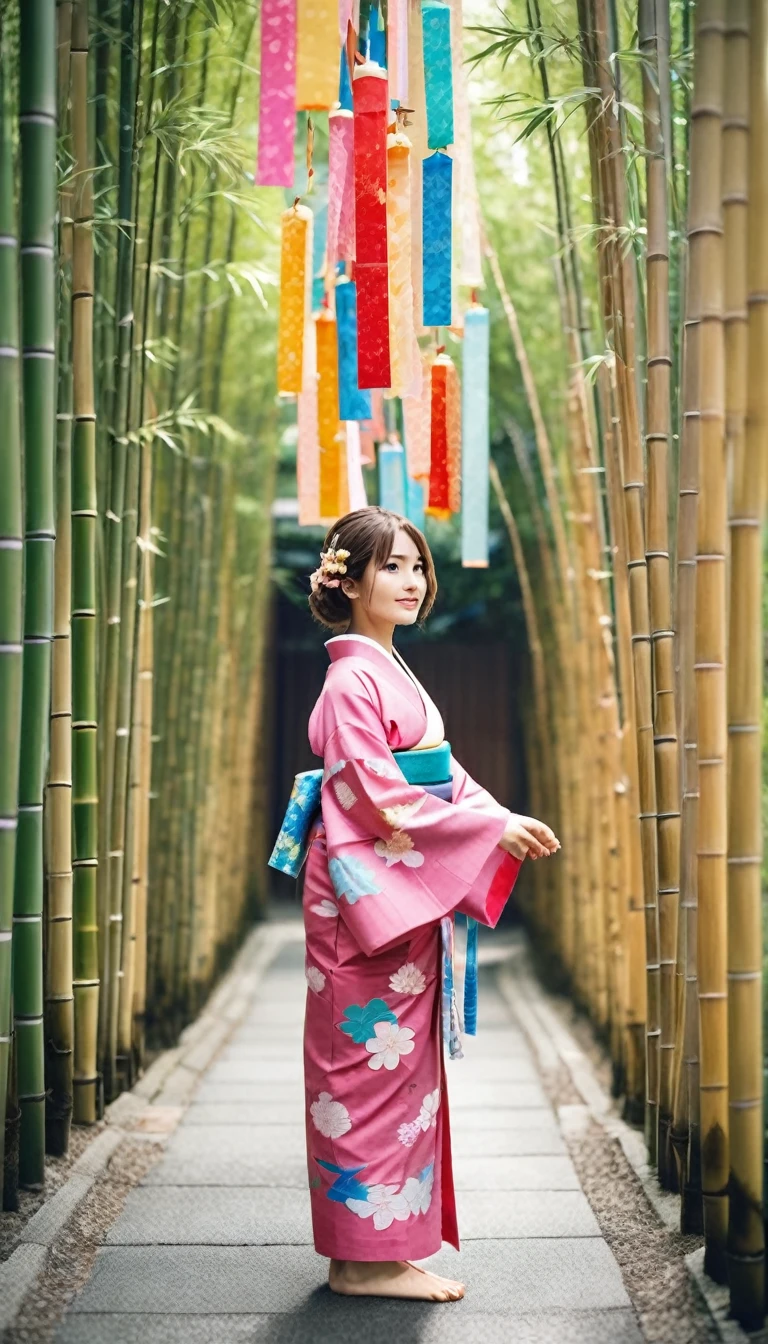 ((a girl in a yukata)),((Tanabata festival, decorated all bamboos:1.37)), ((many colorful strips of paper hanging from the bamboo branches:1.27)),