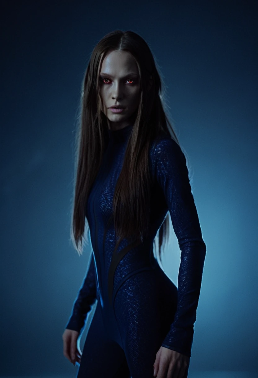 Fashionable of androgynous alien looking witch, glowing eyes, beautiful evil slavic woman dressed in closed clothes, muscular, pale skin, long hair, slight smile, futuristic design, minimal details, givenchy, photoreal, 200mm, hd, f/ 2.0, highly detailed, surreal , drop dead, in the style of red and blue, (intricate details, hyperdetailed:1.15) (skin texture:1.2), photography studio,__perspective__, cinematic, professional, 4k, (((dynamic model pose))), full body, mesmerizing, dynamic, dramatic, sensual, dynamic pose, highly detailed skin with hair, subcutaneous veins, light and shadow play, highly detailed,24mm photograph, film, bokeh, professional, 4k,