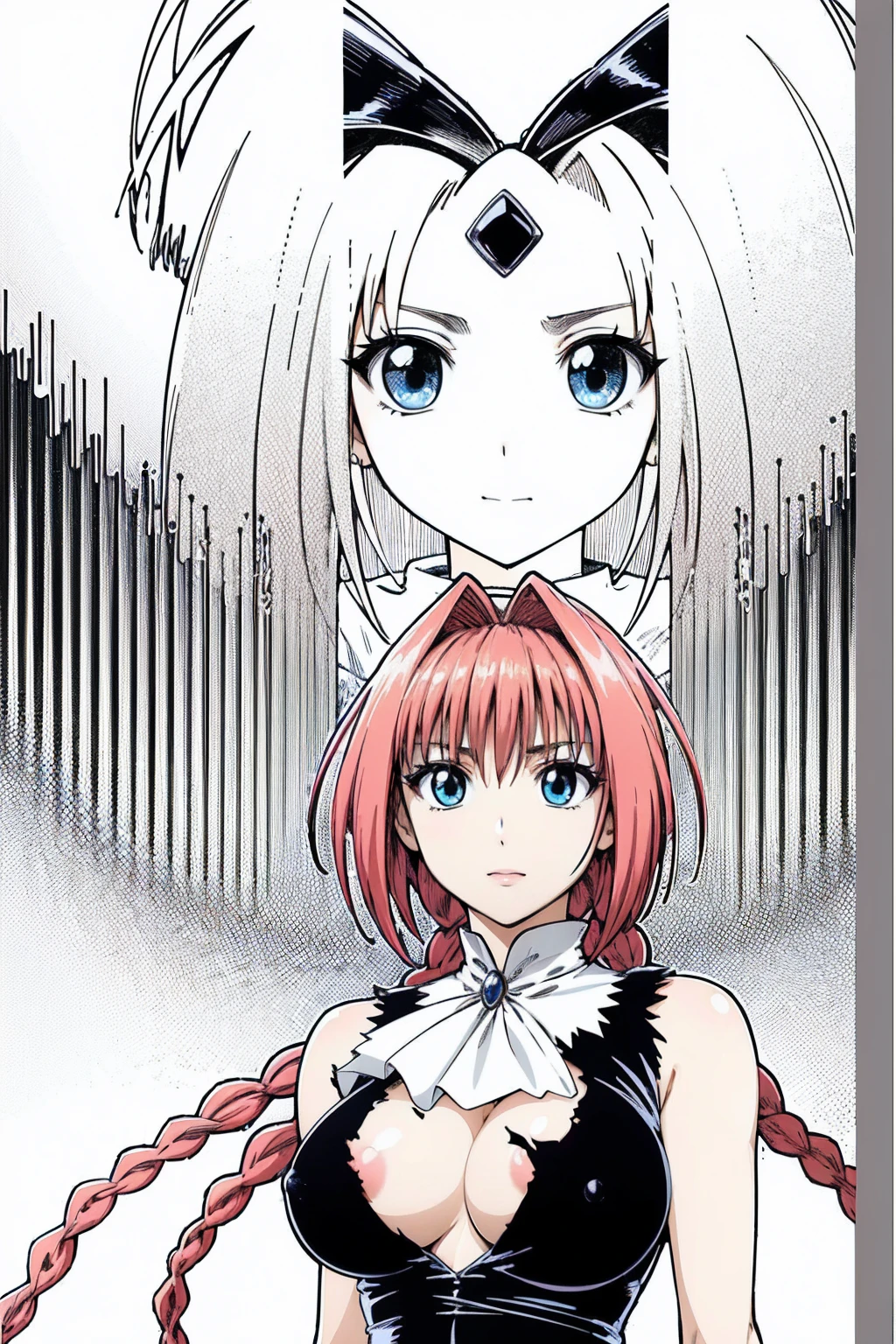 masterpiece, Highest quality,High resolution,Dorothy, Pink Hair、Bright Blue Eyes、Big black eyes、Braiding, Black Dress、Cowboy Shot、Line art、Pencil drawing、comics、alone、One、Torn clothes、tits、Large areola、Nipples