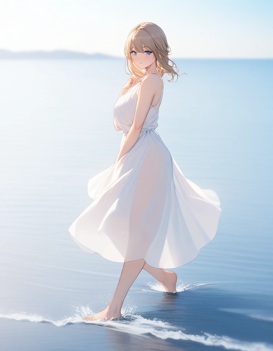 ((Highest quality、、masterpiece:1.3)), Upper Body、Long legs、Sharp focus:1.2, Beautiful woman with perfect figure:1.4、Big Breasts, (Smiling:1.2), double eyelid、30-year-old female、Sexy pose、((((walking on the water,bare foot,Close your mouth、One Woman、dress:1.5))))、Blue Eyes,Fantasy