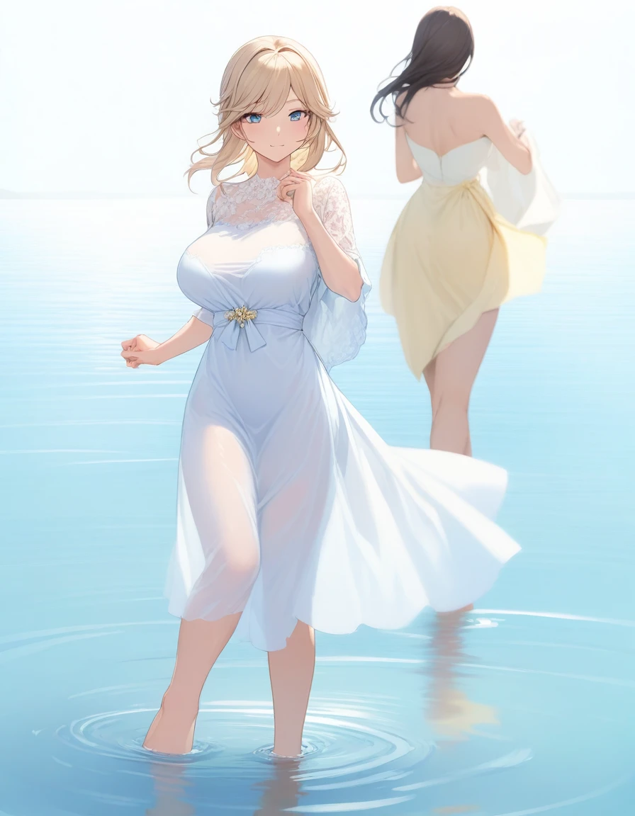 ((Highest quality、、masterpiece:1.3)), Upper Body、Long legs、Sharp focus:1.2, Beautiful woman with perfect figure:1.4、Big Breasts, (Smiling:1.2), double eyelid、30-year-old female、Sexy pose、((((walking on the water,bare foot,Close your mouth、One Woman、dress:1.5))))、Blue Eyes,Fantasy