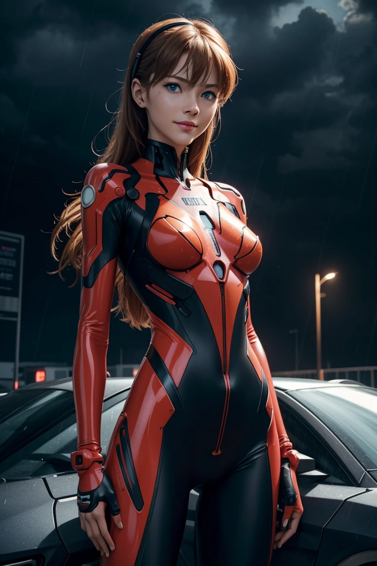 Evangelion,Asuka Langley,blue eyes,Plug Suit,Bodysuits,Interface Headset,赤いBodysuits,Ultra HD,super high quality,masterpiece,Digital SLR,Photorealistic,Detailed details,Vivid details,Depicted in detail,A detailed face,Detailed details,Super Detail,Realistic skin texture,Anatomical basis,Perfect Anatomy,Anatomically correct hand,Anatomically correct fingers,Complex 3D rendering,Sexy pose,Rainy Sky,Beautiful scenery,Fantastic rainy sky,Picturesque,Pink Lips,smile,