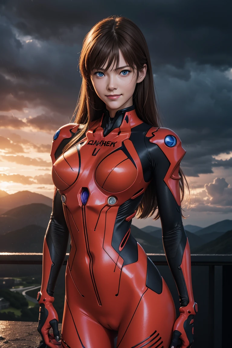 Evangelion,Asuka Langley,blue eyes,Plug Suit,Bodysuits,Interface Headset,赤いBodysuits,Ultra HD,super high quality,masterpiece,Digital SLR,Photorealistic,Detailed details,Vivid details,Depicted in detail,A detailed face,Detailed details,Super Detail,Realistic skin texture,Anatomical basis,Perfect Anatomy,Anatomically correct hand,Anatomically correct fingers,Complex 3D rendering,Sexy pose,Rainy Sky,Beautiful scenery,Fantastic rainy sky,Picturesque,Pink Lips,smile,