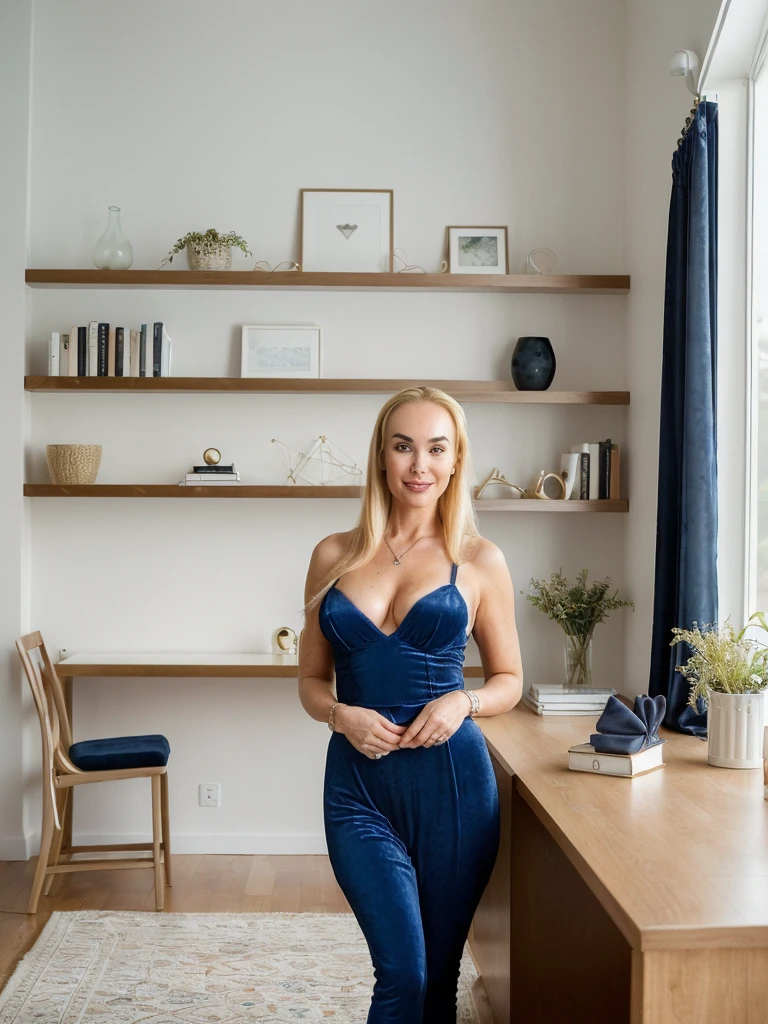 1 girl, (((Gretchen Barretto))), photorealistic photo of Gretchen Barretto, photo of a Swedish woman, cleavage, (((full lips and wide forehead))), middle age, (((Blonde long straight hair))), (((50-year-old woman))), body of 45-year-old woman, (((wrinkles on her face and body))), (((she is dressed in a sexy color midnight blue velvet lingerie))), (((dynamic pose))), she is looking at the camera smiling, (((she seductively stands in her modern study room, surrounded by sleek, minimalist furniture. The room is bathed in natural light streaming through large windows, emphasizing the clean lines and neutral tones of the decor. A spacious desk occupies one corner, clutter-free except for a laptop and a few carefully arranged books. The walls are adorned with abstract artwork or shelves displaying a collection of thoughtfully chosen items. The atmosphere is serene, fostering concentration and creativity, making it an ideal space for focused work or peaceful contemplation))), she is looking at the camera smiling, (((butt out)))
