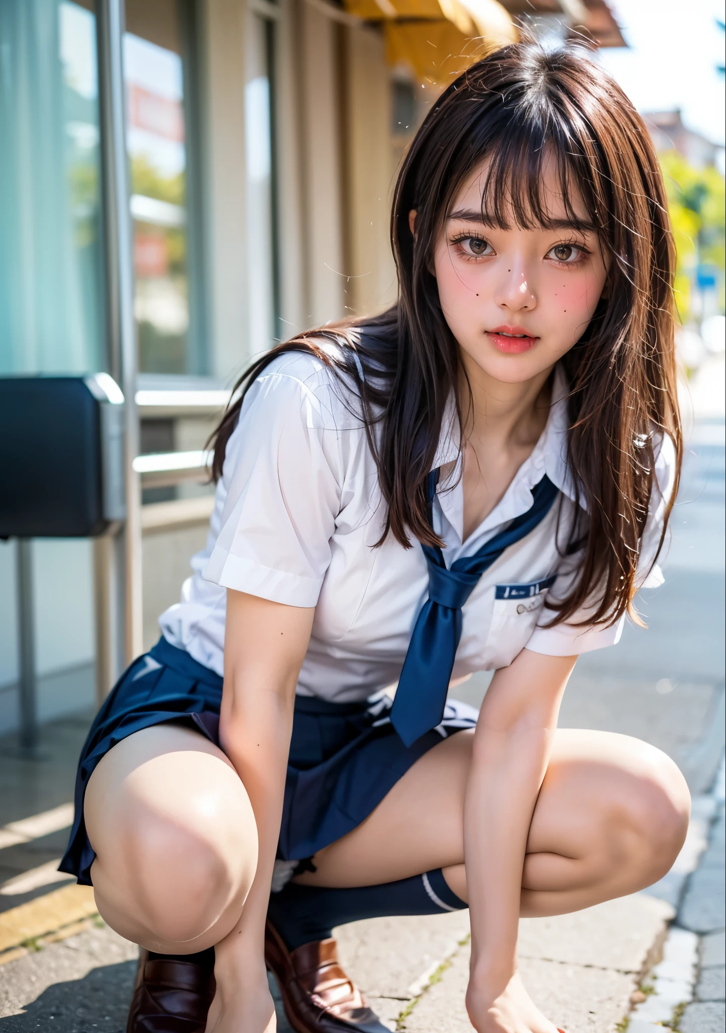 High resolution、8K quality、High resolution、masterpiece、(EOS 5Dmark4、ISO100、1/250、F1.8)、Full Specifications、Urzan-6500-v1.1、 (RAW Photos:1.2)、 (Realistic:1.4)、Beautiful detailed girl, double eyelid、Long eyelashes above and below the eyes、Curled lashes、Very detailedな目と顔, Beautiful attention to detail, Brown Hair、Medium Bob、bangs、Ridiculous, 信じられないほどRidiculous., Large file size, Very detailedな, High resolution, Very detailed, Highest quality, masterpiece, Chemomimi, (((JK Uniform)), shape, Very detailed, BAPV, Integrated, 8k wallpaper, wonderful, Fine details, masterpiece, Highest quality, Very detailedな YTD ユニフォーム 8k 壁紙、Light on the face,、Cinema Lighting、 One Girl, 19 years old、((Raise one leg))、(((Panty shot)))、(Camel Toe)、 (half)、 Short sleeve white shirt、Navy blue short skirt、mini skirt、panties、socks、Loafer shoes