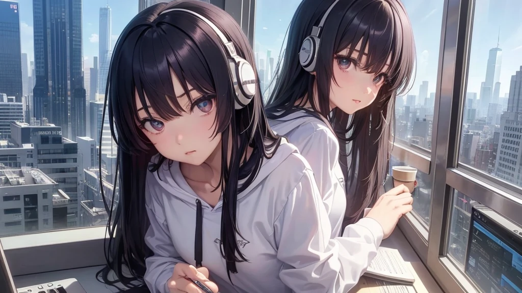 (Official Art, beautifully、mysterious:1.2), Ultra-high resolution, 8K, Anime Art Wallpaper, Works by Makoto Xin Haicheng, Lofi Art Style, Correct human body composition, Correct skeleton, Striking eyes, Oversized hoodie and short skirt, Shiny long black hair, Larger than average bust, Girl listening to music with headphones, Looking out the window, Coffee on the desk, lo-fi girl, Anime atmosphere, Anime Aesthetics, Lo-fi feel, City Room, age Girl's Room, A room for music lovers, city view from the window, Impressive cityscape, Bright Sky