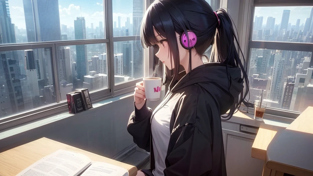 (Official Art, beautifully、mysterious:1.2), Ultra-high resolution, 8K, Anime Art Wallpaper, Works by Makoto Xin Haicheng, Lofi Art Style, Correct human body composition, Correct skeleton, Striking eyes, Oversized hoodie and short skirt, Shiny long black hair, Larger than average bust, Girl listening to music with headphones, Looking out the window, Coffee on the desk, lo-fi girl, Anime atmosphere, Anime Aesthetics, Lo-fi feel, City Room, Teenage Girl's Room, A room for music lovers, city view from the window, Impressive cityscape, Bright Sky