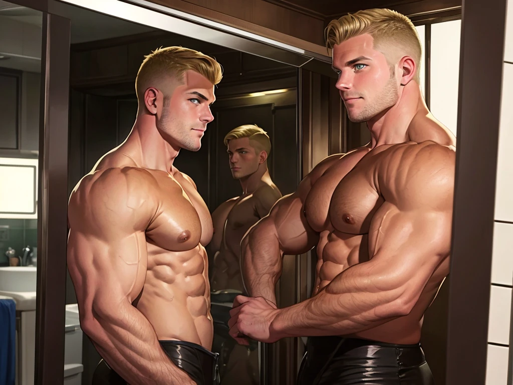 illustration in Leyendecker style; The girl deepthroats and sucks the big dick of the seal LT. Troy Adams. Standing 6'2" with ripped muscles trained as a Marine, he was ready. He looked into the mirror on the ship's bunk wall, applying camouflage to his 22-year-old face. His green eyes reflected his strong arrogant confidence. A smile appeared on his face as he covered his short blond hair. He looked at his reflection while adjusting his deep-sea rubber suit. It showed every curve of his toned body. He knew he was built well. He was ready!