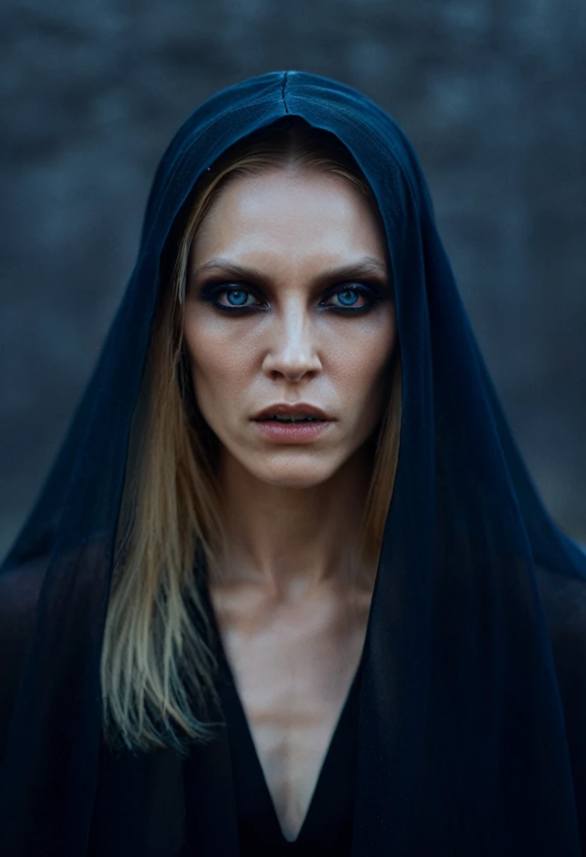 Fashionable of androgynous alien looking witch wearing veil, glowing eyes, beautiful evil slavic muscular woman, pale skin, long dark blond hair, futuristic design, minimal details, givenchy, photoreal, 200mm, hd, f/ 2.0, highly detailed, surreal , drop dead, in the style of red and blue, (intricate details, hyperdetailed:1.15) (skin texture:1.2), cinematic, professional, 4k, dynamic model pose, sitting, full body
