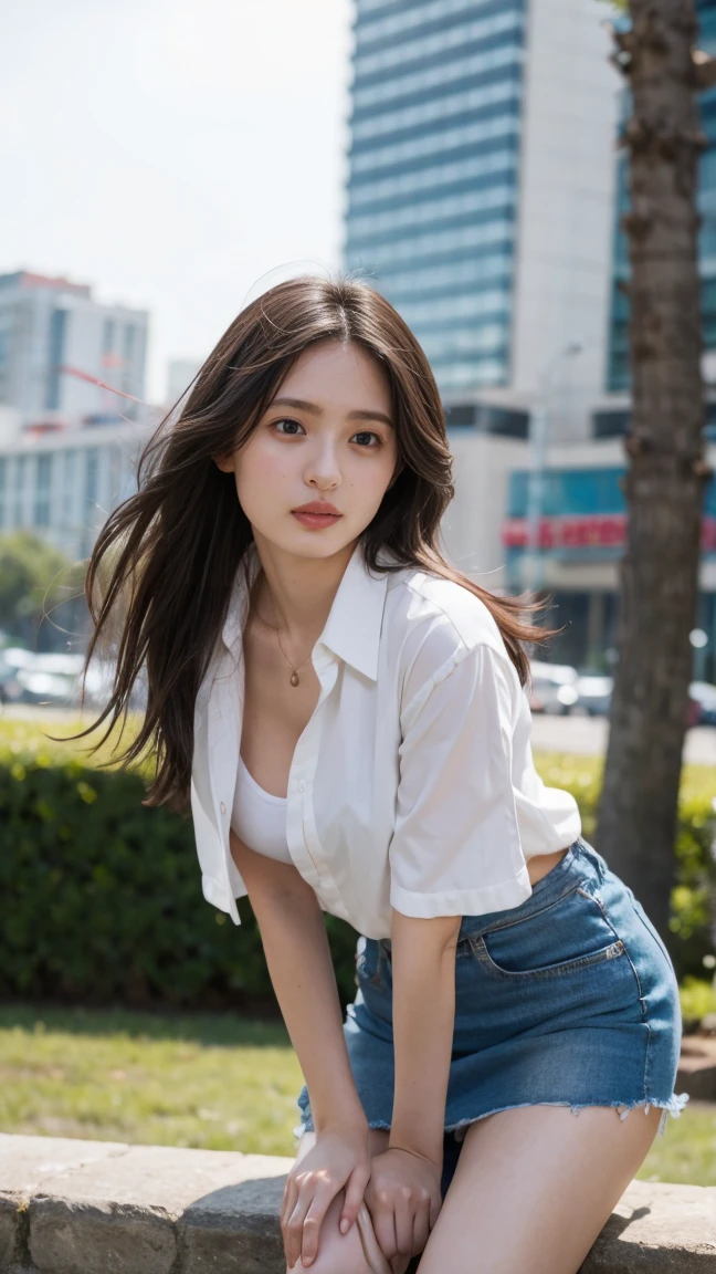((Extremely precise and accurate anatomy)), (((Low angle shooting、Looking into the camera:1.22,Leaning forward、Open shirt、No underwear)))、(((8K、Highest quality、masterpiece、Ultra-high resolution)))、(Realistic:1.4)、RAW Photos、(Real skin texture:1.3)、(Film Grain:1.1)、((Are standing、Skirt flutters in strong winds、Under the skirt、Do not bend your legs、don't bend your knees、Spread your thighs、Beachside、))、One Girl、Beautiful and detailed eyes and face、masterpiece、Highest quality、close、thin、Japanese Uniform、dynamic、barefoot、Various poses、