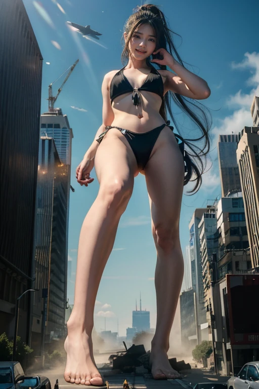 Ground View,tiny city,mega giant girl 500 feet high,skyscrapers,Have a pair of ultra long legs,stepping in the crowd,many people in street,a pair of huge big breasts,sexy bikini,black silk socks,Has black ponytail hair,barefoot,A look of enjoyment,standing on a ruins,Beautiful appearance,Exquisite makeup,quality,8k,高quality,Perfect proportion, Cinema lighting,film grain,Fuji colors,8k,textured skin,Super details,high detail,high quality,high resolution,explode, smile,realistic beautiful attractive face