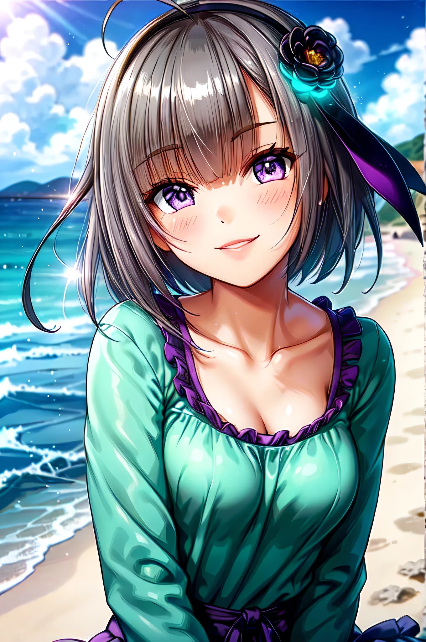 very cute and beautiful girl,(Very exquisite beautiful face and eyes),short hair、Purple Eyes、Ahoge、hair ornaments、Gray Hair、Minase Sumomo,Pink camisole,Cute frilled petticoat,
(smile:1.2),Happy,View your viewers,Black Hair,Cowboy Shot,Detailed legs,Beach,Tropical Resort,
(Highest quality,masterpiece),Absurd,High resolution,Super detailed,Very detailed,32k,8K resolution,
Intricate details,Movie Scenes,Detailed Background,alone,Dynamic Angle,
Natural light,Hair blowing in the wind,Beautifully detailed skies,