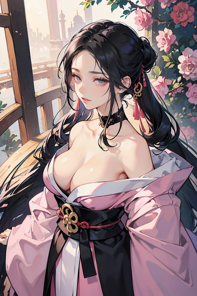(masterpiece), best quality, seductive eyes, mature woman, black eyes, small eyes, black blue hair, long eyelashes, white and pink kimono, swordswoman, big breast, anime cover, 1girl, tall,