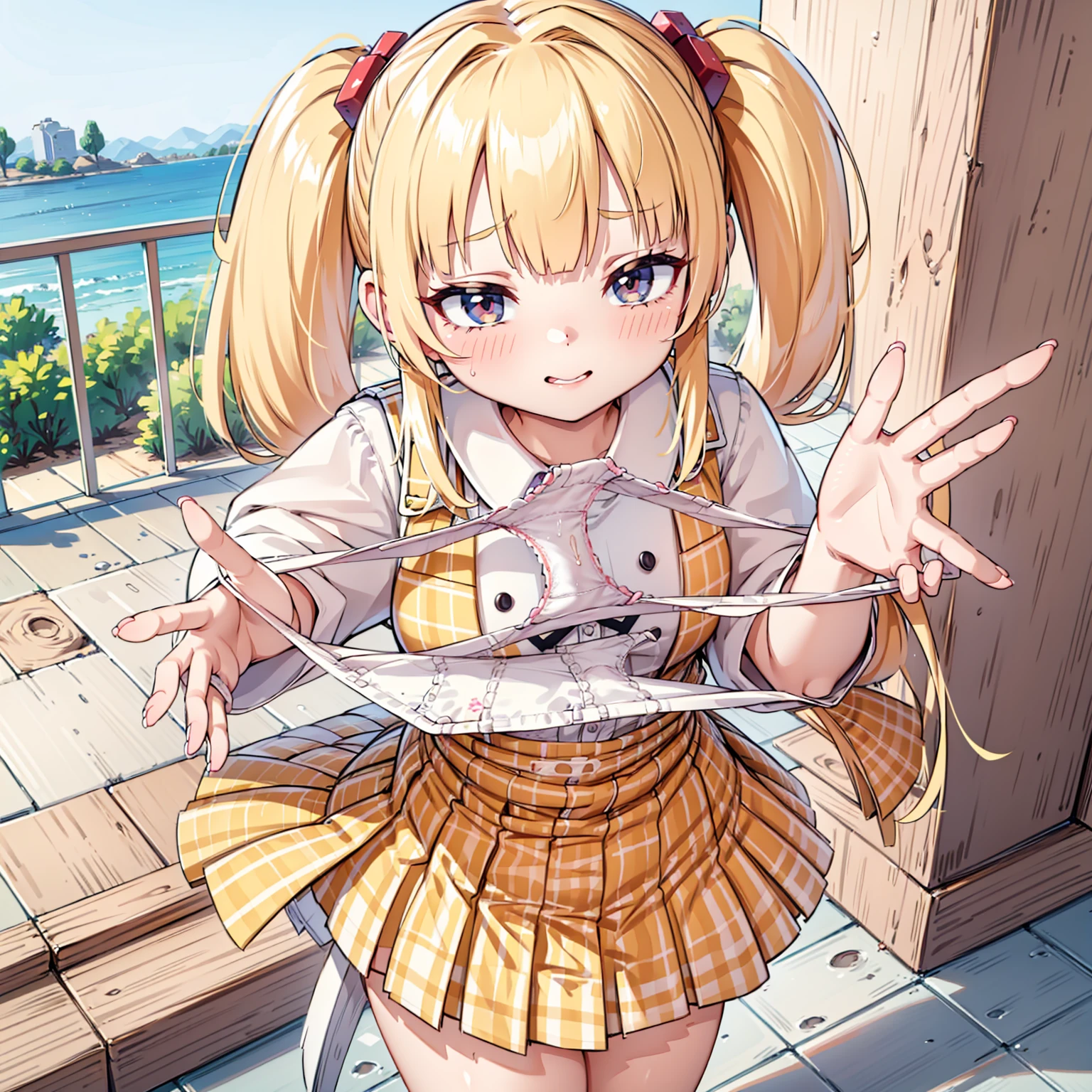blonde, {{{Half Twin Tail:1.3}}}、shirt, blush, white shirt, hair ornaments, Manicure, Plaid skirt, Pleated skirt,
,Pay attention to the panties,
Looking down,View your audience,Panties as a gift,Tabletop, Highest quality, Perfect Skin, Detailed skin texture, Super detailed, 8K, Intricate details, Beautifully detailed face,High resolution,
 Looking down at the viewer, masterpiece, (Panties are stained with pee)、(Pussy、Love Juice)、(body odor),perfect hands