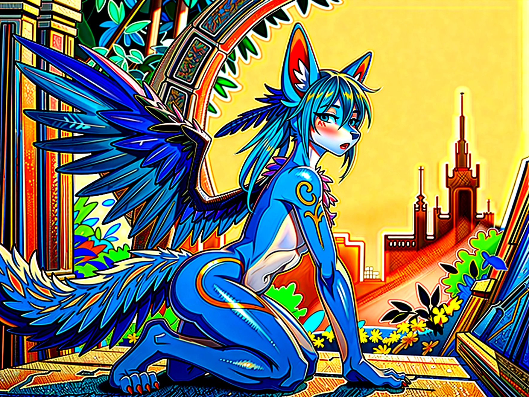 Miku Hatsune, add high definition add_detail:1, blue fur,kitsune ears, tribal tattoo add_detail:1, in a ruins in the jungle, barefoot, tribal costume add_details:1, giant aqua feather wings add_detailsl:1 ,alas hermosas la mejor calidad y detail en las plumas, add blue saturation light_detailsl 