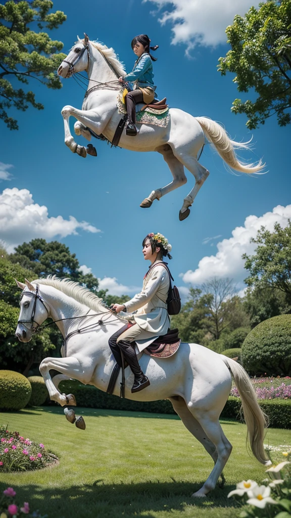 A white horse in a flower garden with a parrot flying in Japanese style 