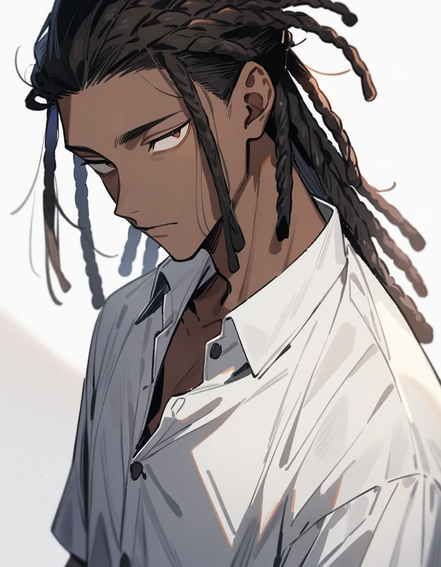 (1boy,jujutsu kaisen) solo, (white dress shirt), (brown skin color), messy look, black hair, ((dreadlock hairstyle)), brown eyes, masterpiece, best quality, high quality, upper body, male focus, eye bags, 17 year old