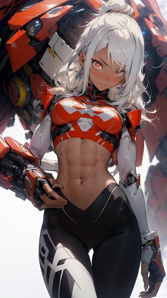 Practical, (masterpiece, Top quality, best quality, Official Art, Beauty and aesthetics: 1.2), Very detailed, Fractal Art, rich and colorful, Most detailed, tangled, (Abdominal musclestract Background: 1.5) (1 Girl), God, White hair, Long hair, (Glittering red eyes), Large Breasts, Abdominal muscles, mystery, (magic), crystal, Tights, Sexy, Mecha, Rabbit ears