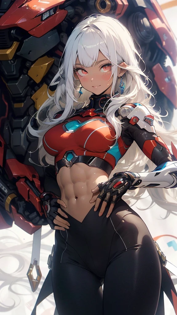 Practical, (masterpiece, Top quality, best quality, Official Art, Beauty and aesthetics: 1.2), Very detailed, Fractal Art, rich and colorful, Most detailed, tangled, (Abdominal musclestract Background: 1.5) (1 Girl), God, White hair, Long hair, (Glittering red eyes), Large Breasts, Abdominal muscles, mystery, (magic), crystal, Tights, Sexy, Mecha, Rabbit ears