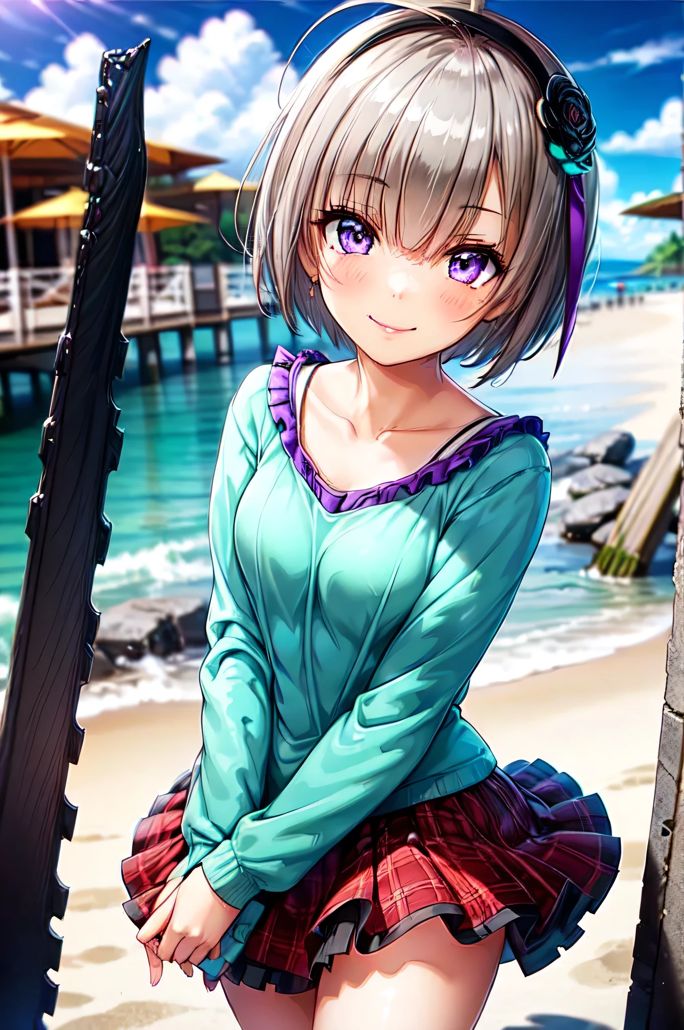 very cute and beautiful girl,(Very exquisite beautiful face and eyes),short hair、Purple Eyes、Ahoge、hair ornaments、Gray Hair、Minase Sumomo,Pink camisole,Cute frilled petticoat,
(smile:1.2),Happy,View your viewers,Black Hair,Cowboy Shot,Detailed legs,Beach,Tropical Resort,
(Highest quality,masterpiece),Absurd,High resolution,Super detailed,Very detailed,32k,8K resolution,
Intricate details,Movie Scenes,Detailed Background,alone,Dynamic Angle,
Natural light,Hair blowing in the wind,Beautifully detailed skies,