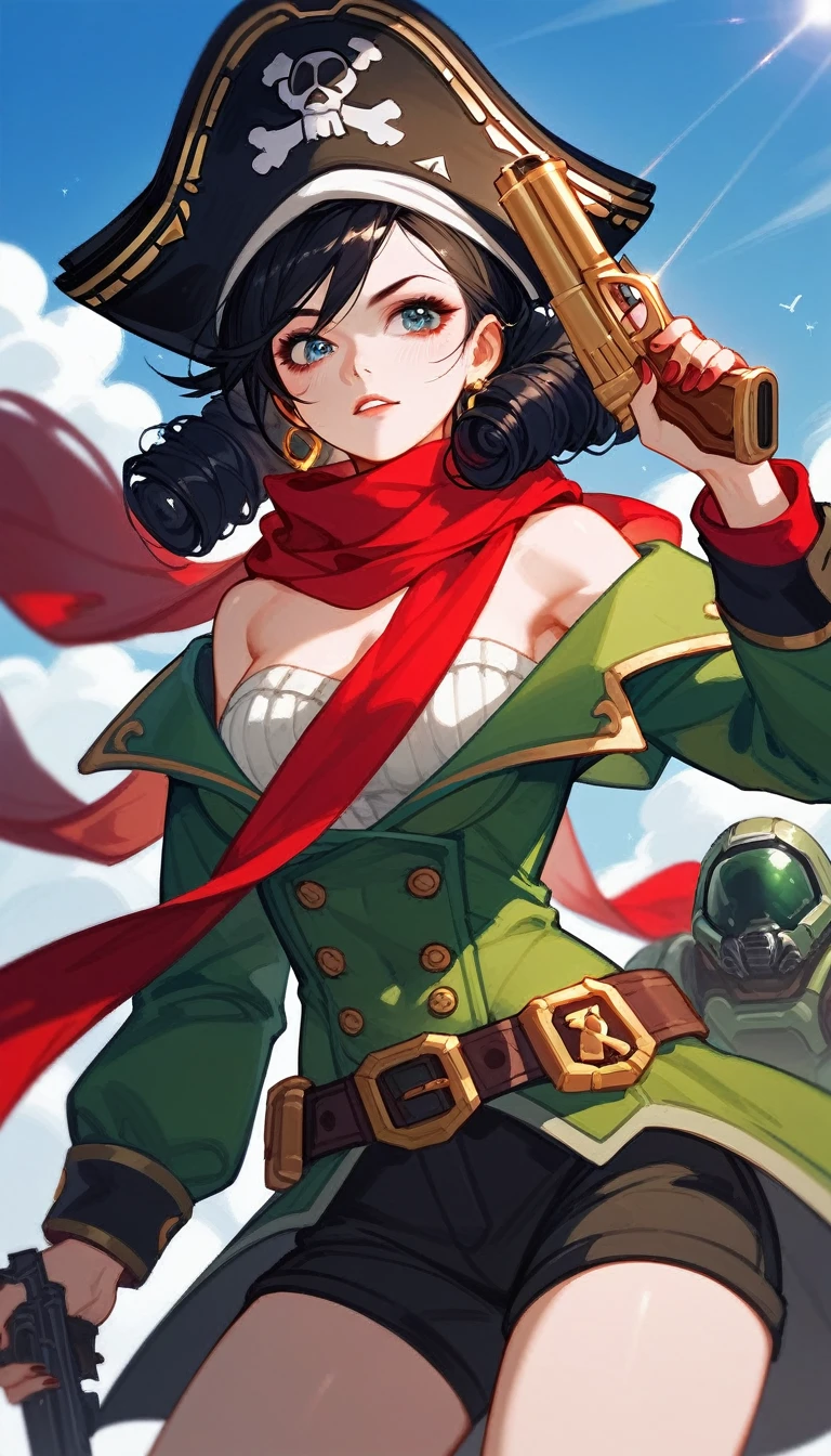 (Fraction_9,Fraction_8_Direction_7_up), ((1 woman))(1 woman),Female Pirate,Pirate hat,apparel,Off-shoulder,scarf,curls,欧洲中世纪apparel,Black monocular,Holding a gun, doom, doom, League of Legends Characters ,