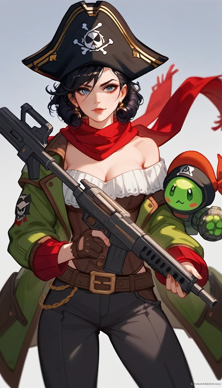 (Fraction_9,Fraction_8_Direction_7_up), ((1 woman))(1 woman),Female Pirate,Pirate hat,apparel,Off-shoulder,scarf,curls,欧洲中世纪apparel,Black monocular,Holding a gun, doom, doom, League of Legends Characters ,