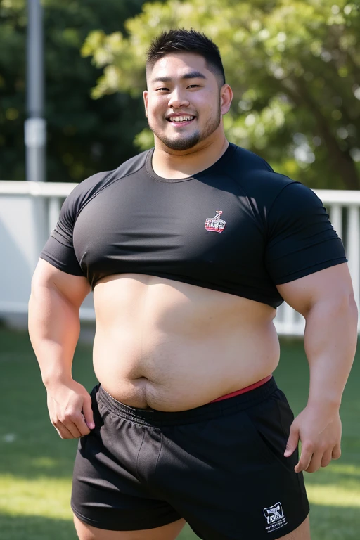 ((highest quality)), ((masterpiece)), (detailed), ((Perfect Face)), 4k, Shaved head, Young Japanese, Muscular, Fat body, Very big man, smile, ((showing off crotch))A large Japanese man topless、whole body、Rugby last week、Thick legs、Thick arm muscles、Intimidating、whole body、wearing a very tight black shorts