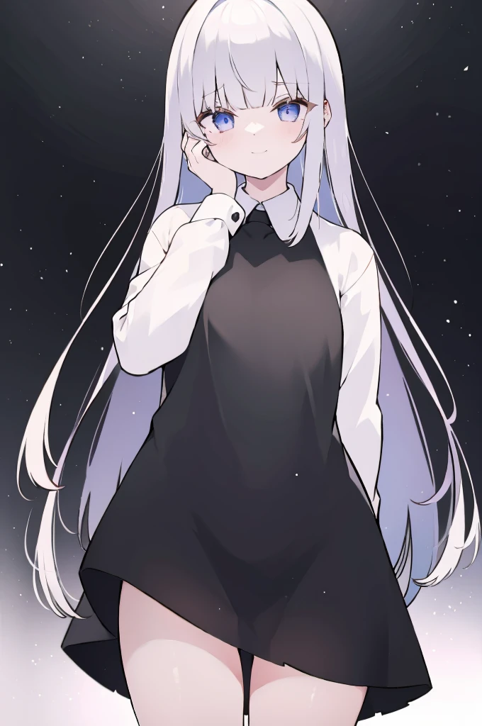 masterpiece, 8K, Super detailed, best quality, (1 girl, alone, 158cm), (Pure black long hair, Straight Hair, Air bangs), (innocent, Big blue eyes like diamonds), (Medium large, fair skin), (Wearing a simple white shirt, Black panties, Expose arms and thighs), (Has black leather collar), (Facing the audience, Stand Up Straight), (The expression looks shy, but with a smile, ), (light black background, Center the character)