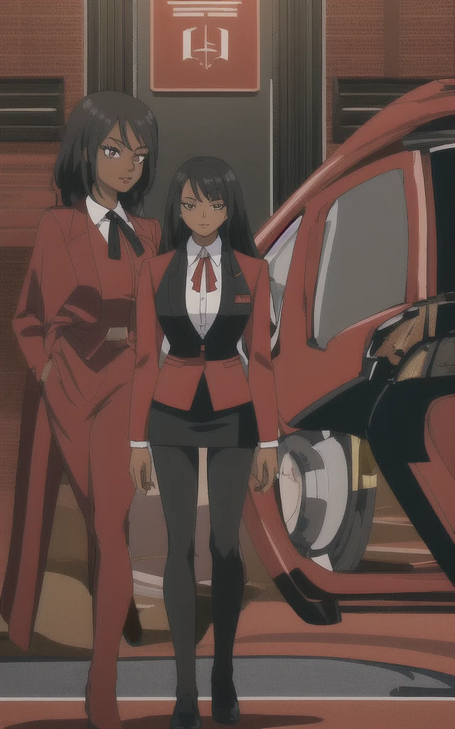 black skinned business women in a red blazer skirt suit with a blouse underneath