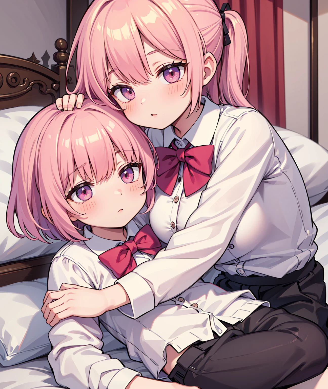 masterpiece, Highest quality, so beautiful, absurdists,High resolution,One girl, One boy,Cuddling in bed, like,sexly,Look at each one, blush,Age difference,bow tie,blondes,chest,Long Hair,Pink Hair,Tucked in shirt,short hair,skirt,Tent shirt,Slut,Big breasted sister and brother,Siblings,Trousers with bulging crotch,Pushing her big tits against her brother,My brother's penis erect in his trousers,My brother's small erect penis,((姉のHUGE breasts)),Sister crushes her big tits in her brother's face