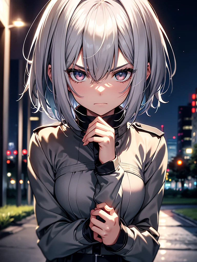 One girl,Silver Hair,Silver Eyes,Black military uniform sad expression, Hands holding chest,,, short hair, Standing in the park, At night, Close-up photo, Super detailed, Ultra HD, masterpiece