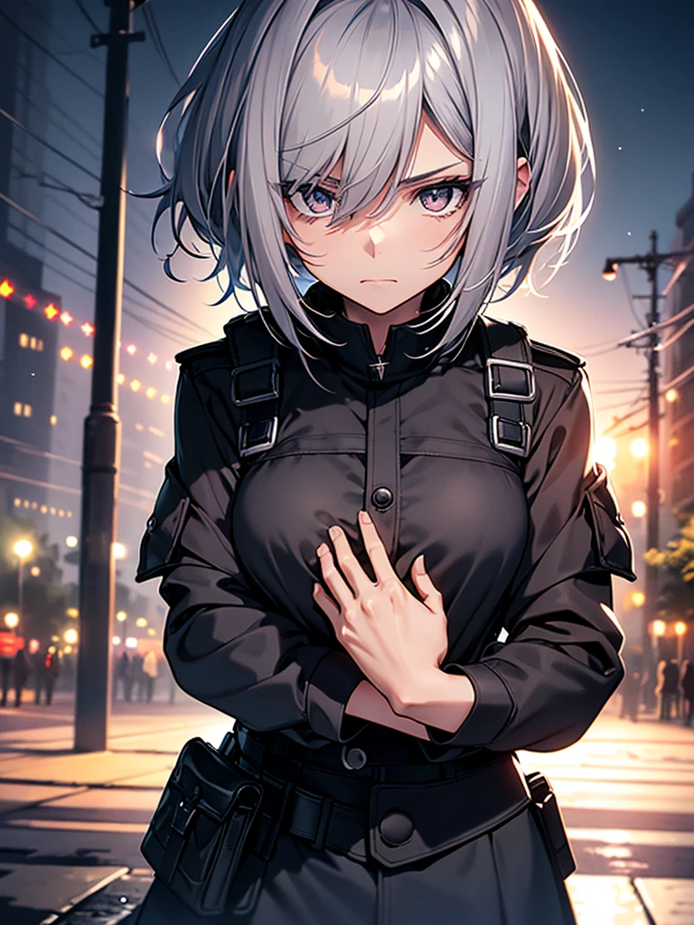One girl,Silver Hair,Silver Eyes,Black military uniform sad expression, Hands holding chest,,, short hair, Standing in the park, At night, Close-up photo, Super detailed, Ultra HD, masterpiece 