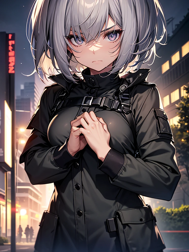 One girl,Silver Hair,Silver Eyes,Black military uniform sad expression, Hands holding chest,,, short hair, Standing in the park, At night, Close-up photo, Super detailed, Ultra HD, masterpiece