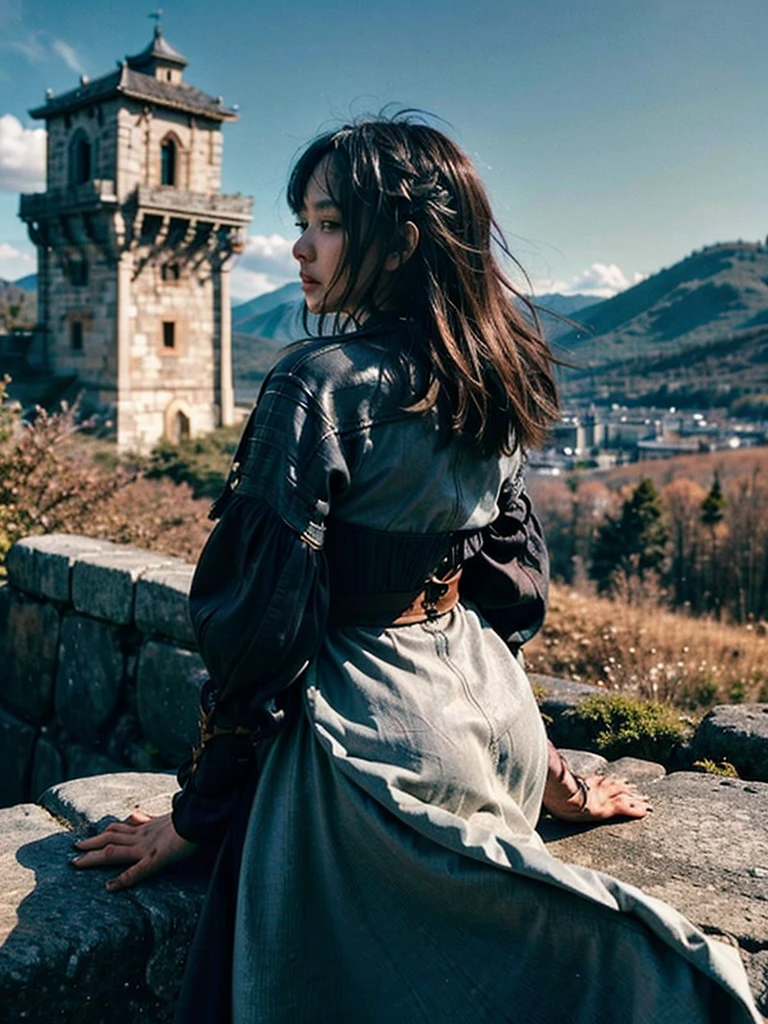 A warrior woman with her back turned, looking into the distance a kingdom, A beautiful castle stands out, guarded by a high wall and stone giants., watchtowers can be seen, the view is wide, from the bottom of the jacket. The kingdom looks big and prosperous with hanging gardens.

Hyperealismo, cinematic style, Ultra realism, HDR, cinematic lighting, unity rendering, high detail, 4k resolution, vfx effects.