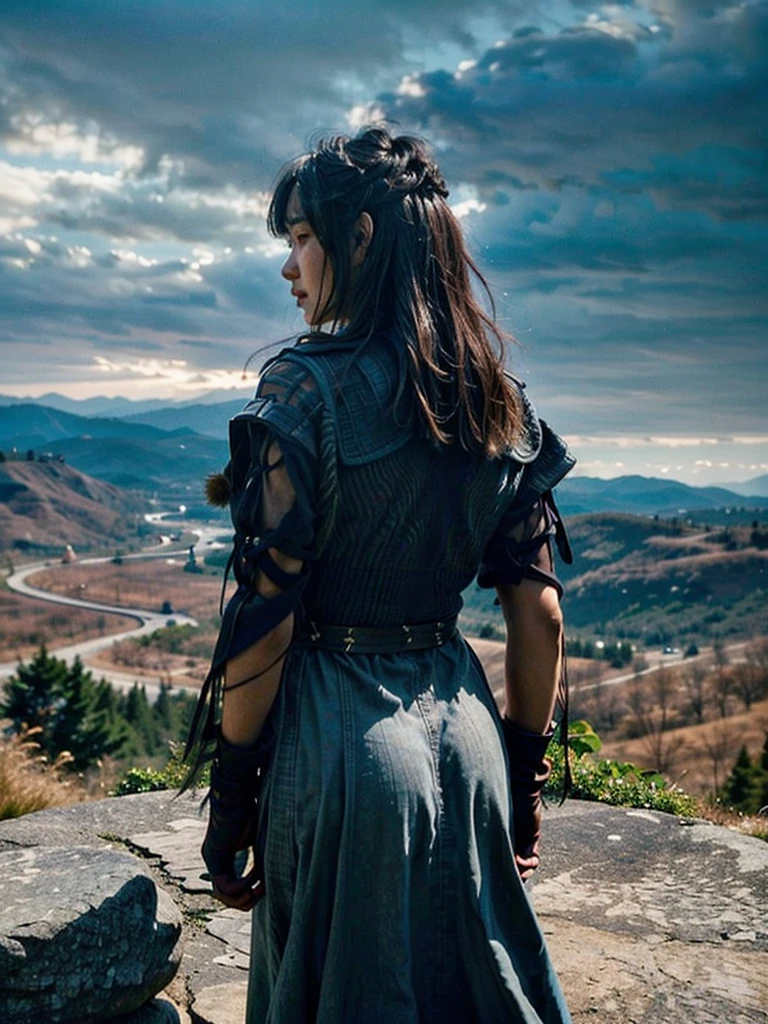 A warrior woman with her back turned, looking into the distance a kingdom, A beautiful castle stands out, guarded by a high wall and stone giants., watchtowers can be seen, the view is wide, from the bottom of the jacket. The kingdom looks big and prosperous with hanging gardens.

Hyperealismo, cinematic style, Ultra realism, HDR, cinematic lighting, unity rendering, high detail, 4k resolution, vfx effects.