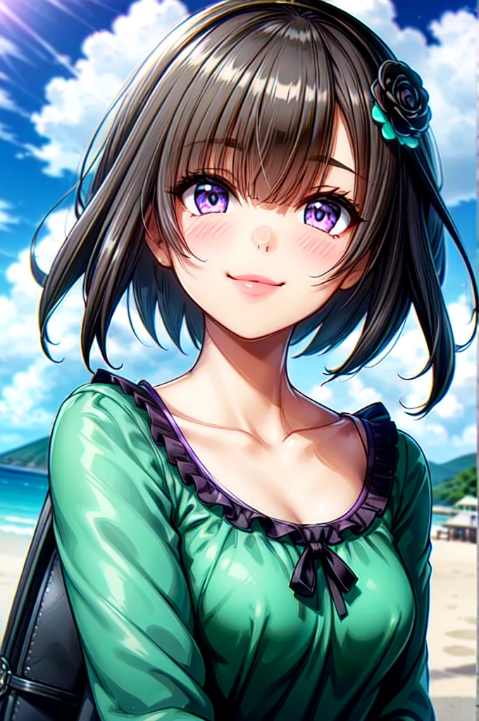 very cute and beautiful girl,(Very exquisite beautiful face and eyes),short hair、Purple Eyes、Ahoge、hair ornaments、Gray Hair、Minase Sumomo,Pink camisole,Cute frilled petticoat,
(smile:1.2),Happy,View your viewers,Black Hair,Cowboy Shot,Detailed legs,Beach,Tropical Resort,
(Highest quality,masterpiece),Absurd,High resolution,Super detailed,Very detailed,32k,8K resolution,
Intricate details,Movie Scenes,Detailed Background,alone,Dynamic Angle,
Natural light,Hair blowing in the wind,Beautifully detailed skies,