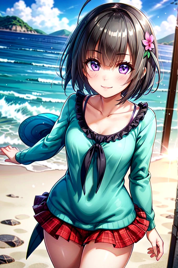 very cute and beautiful girl,(Very exquisite beautiful face and eyes),short hair、Purple Eyes、Ahoge、hair ornaments、Gray Hair、Minase Sumomo,Pink camisole,Cute frilled petticoat,
(smile:1.2),Happy,View your viewers,Black Hair,Cowboy Shot,Detailed legs,Beach,Tropical Resort,
(Highest quality,masterpiece),Absurd,High resolution,Super detailed,Very detailed,32k,8K resolution,
Intricate details,Movie Scenes,Detailed Background,alone,Dynamic Angle,
Natural light,Hair blowing in the wind,Beautifully detailed skies,