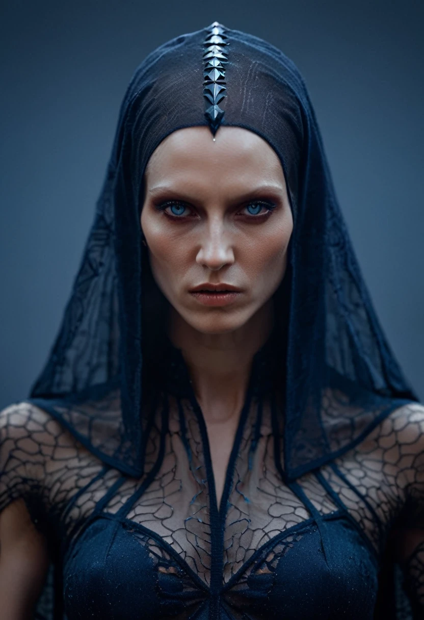 Fashionable of androgynous alien looking witch wearing veil, glowing eyes, beautiful evil slavic muscular woman, pale skin, futuristic design, minimal details, givenchy, photoreal, 200mm, hd, f/ 2.0, highly detailed, surreal , drop dead, in the style of red and blue, (intricate details, hyperdetailed:1.15) (skin texture:1.2), cinematic, professional, 4k, dynamic model pose, sitting, full body