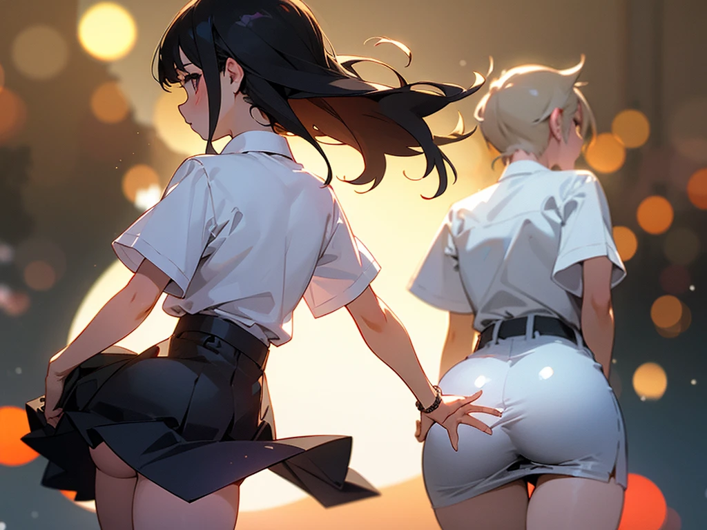 female, 1girl, solo, white shirt short sleeve, collar shirt, black skirt, round ass, from behind view, cowboy shot, night, (bokeh:1.3), street,