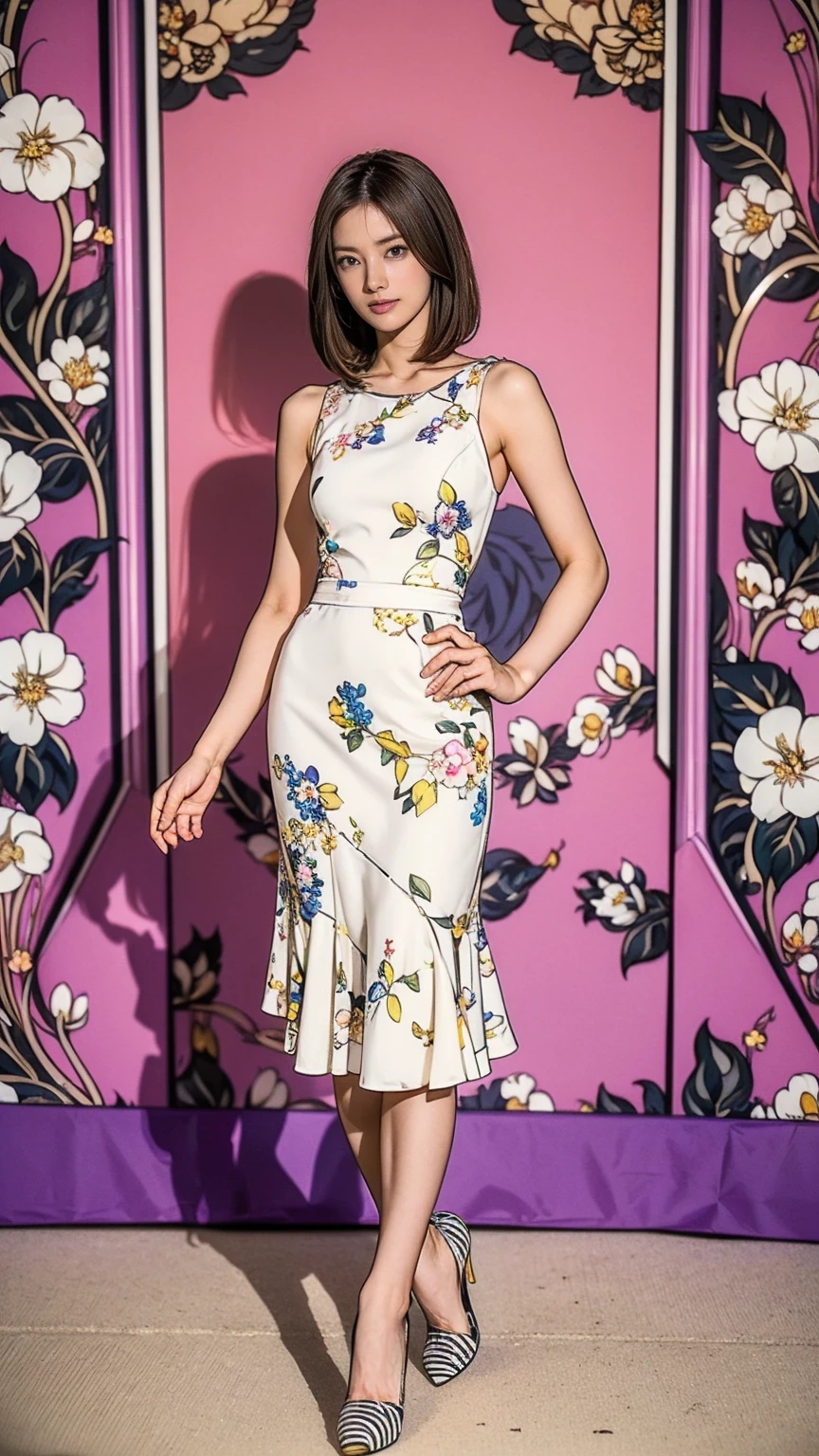 ((masterpiece)),(((Highest quality))),Thin thighs,Long legs,whole body:1.5,(One Girl:1.3),(Black high heels:1.3),(Wearing a floral striped mid-long flared skirt dress:1.2),Short blonde hair:1.2、Model pose with legs spread wide:1.5
