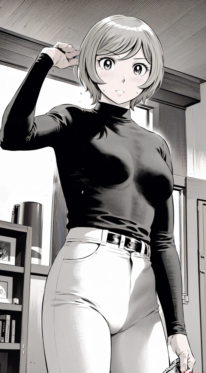 、(masterpiece、Highest quality)、Highest quality, Ultra-high resolution, (((masterpiece))), alone, Sweat、Big eyes,Tight black shirt、Tight white pants、belt、indoor、Composition from the front、（Cut the back hair short、short hair、blonde、woman）、Shortcuts、Embarrassed face、Cut your hair short、可愛いwomanの子、Big Breasts、Inside the room、Full Color、Baseball uniform