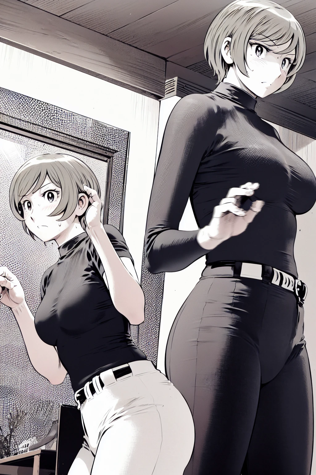 、(masterpiece、Highest quality)、Highest quality, Ultra-high resolution, (((masterpiece))), alone, Sweat、Big eyes,Tight black shirt、Tight white pants、belt、indoor、Composition from the front、(Cut the back hair short、short hair、blonde、woman)、Shortcuts、Embarrassed face、Cut your hair short、可愛いwomanの子、Big Breasts、Inside the room、Full Color、Baseball uniform
