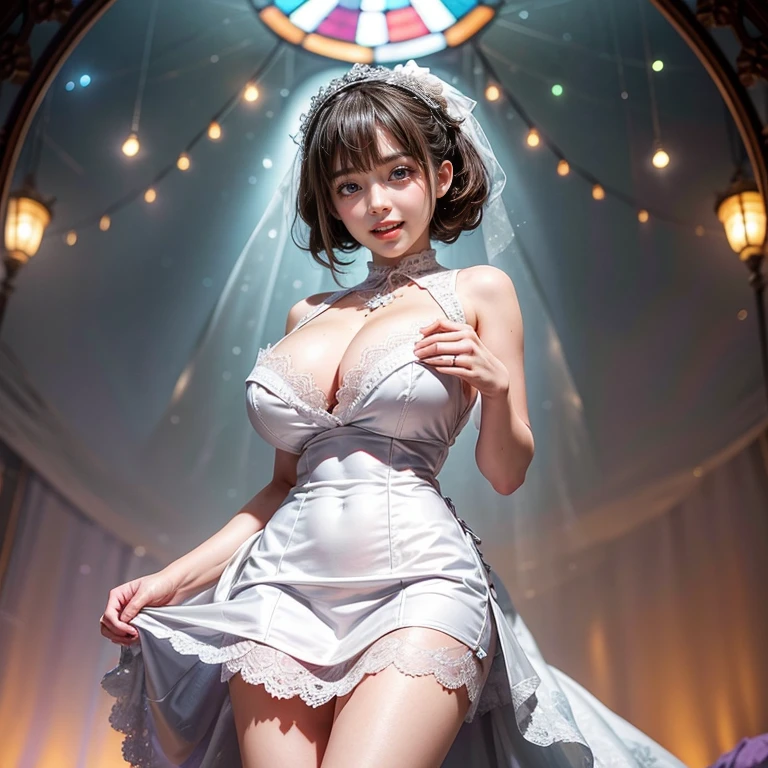 (CeilingShot from Below:1.28), White and Blood Red, (Masterpiece 8K TopQuality:1.2) (ProfessionalPhoto:1.37) ExtremelyDetailed (((FullBody, KAWAII girl with HUGE boobs:1.37)) in (WHITE Lace Wedding MiniDress:1.28)) detailed (Delicate Lace textures), (Detailed(Distant Elaborate Stainedglass Background:1.37) (Tyndall Effect) (Oodles Dazzling NeonColor Particles:1.32))  BREAK  ((ZoomLayer, BokeH))PerfectLighting, (((NOGIZAKA FaceVariations))), Extremely Detailed (very KAWAII Face), Childish CaptivatingGaze Stunning ParfectEyes ElaboratePupils with (SparklingHighlights:1.28), Radiant PearlSkin with Transparency . { (Dynamic Joyful expressions LifeLike Rendering:1.4) | (:d) }, (Acutance:0.8) . 