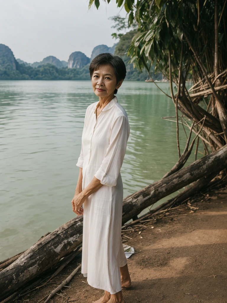 Khin Than Nu, RAW PHOTO, her name is Chariya, high quality, 1 old woman, ((58-year-old slim THAI woman)), (((58 years old))), ((slim body)), ((wrinkled body)), (((old body))), (((short hair))), she is wearing a fashionable stylish Generation X wear different colors, POSE: standing, BREAK, BACKGROUND: outdoor, On the serene waters of Phang Nga Bay, film grain