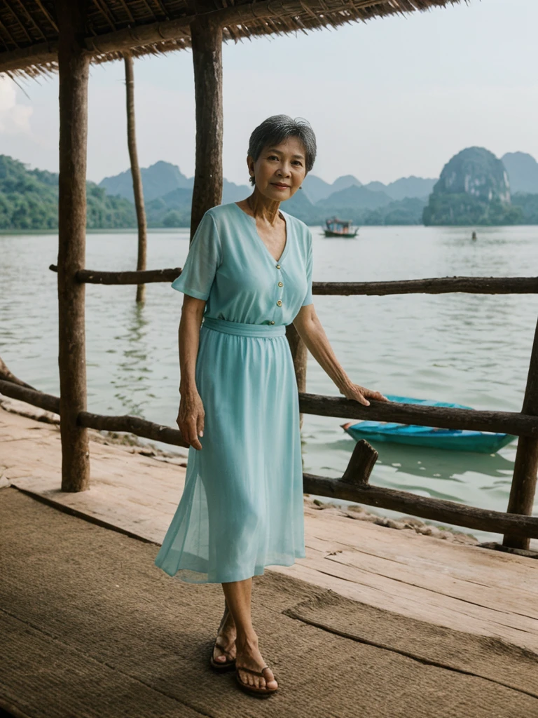 Khin Than Nu, RAW PHOTO, her name is Chariya, high quality, 1 old woman, ((58-year-old slim THAI woman)), (((58 years old))), ((slim body)), ((wrinkled body)), (((old body))), (((short hair))), she is wearing a fashionable stylish Generation X wear different colors, POSE: standing, BREAK, BACKGROUND: outdoor, On the serene waters of Phang Nga Bay, film grain