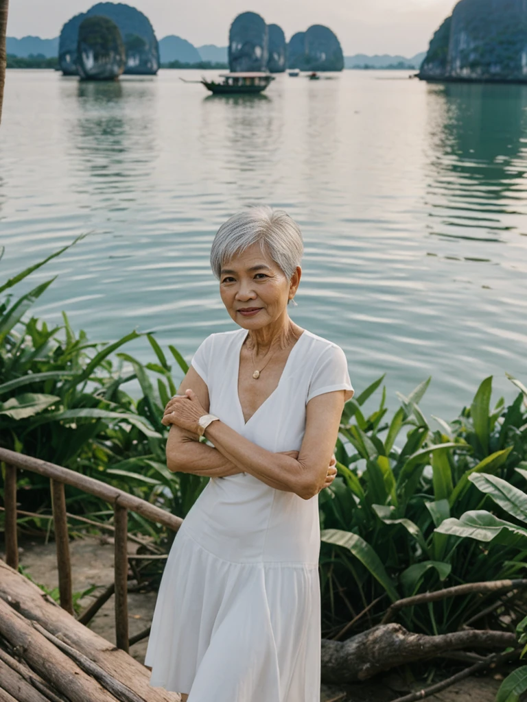 Khin Than Nu, RAW PHOTO, her name is Chariya, high quality, 1 old woman, ((58-year-old slim THAI woman)), (((58 years old))), ((slim body)), ((wrinkled body)), (((old body))), (((short hair))), she is wearing a fashionable stylish Generation X wear different colors, POSE: standing, BREAK, BACKGROUND: outdoor, On the serene waters of Phang Nga Bay, film grain