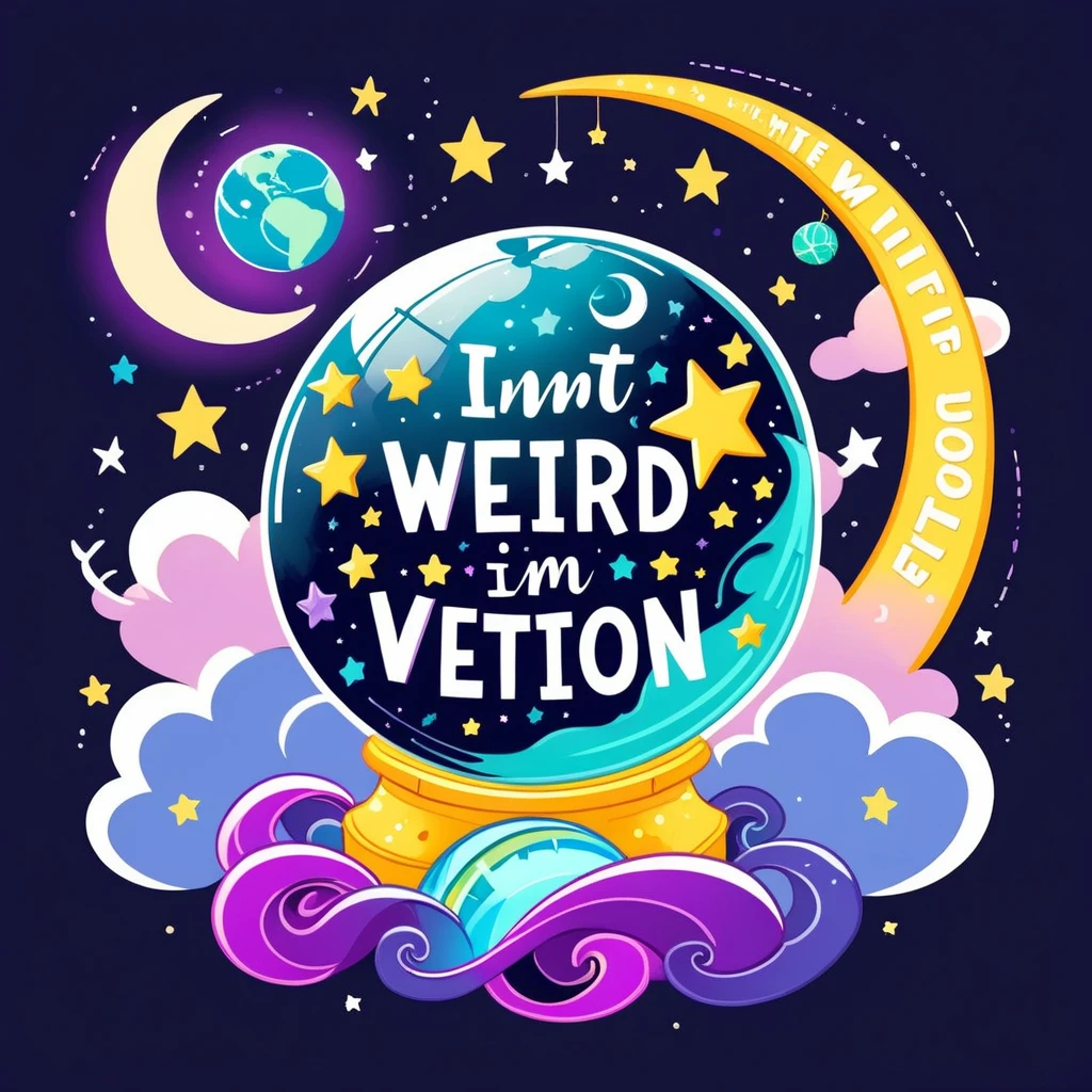 Whimsical and colorful illustration with a motivational quote. The layout features a mix of playful fonts and vibrant colors against a gradient purple background. The text reads 'I’M Not Weird,I’M Limited Edition ' with 'Wired' in large, light blue letters adorned with stars and a globe replacing the 'O'. 'Limited' is written in a flowing, yellow script with stars and sparkles. 'Edition' is in bold, light blue letters with a 3D effect. The background includes clouds, stars, planets, and a crescent moon, enhancing the magical theme.