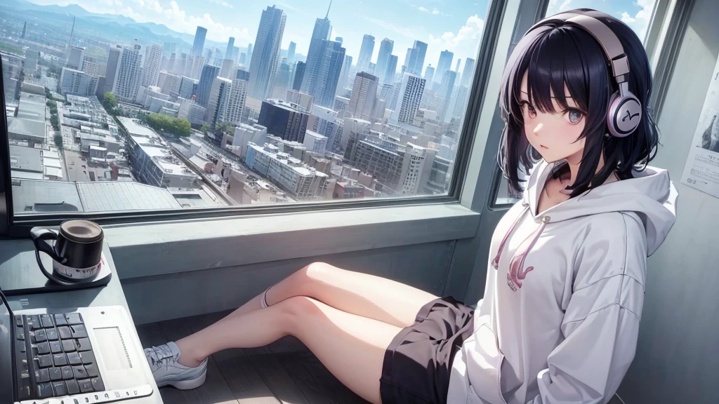 Ultra-high resolution, 8K, (Official Art, beautifully、mysterious:1.2), Anime Art Wallpaper, Works by Makoto Xin Haicheng, Lofi Art Style, Correct human body composition, Striking eyes, Oversized hoodie and short skirt, Shiny long black hair, Larger than average bust, Girl listening to music with headphones, Looking out the window, Coffee on the desk, lo-fi girl, Anime atmosphere, Anime Aesthetics, Lo-fi feel, City Room, Teenage Girl's Room, A room for music lovers, city view from the window, Impressive cityscape, Bright Sky