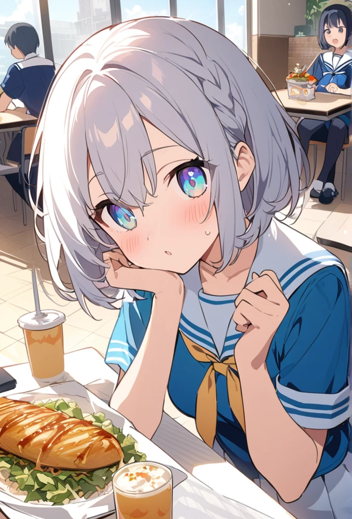 You are a professional illustrator。Please carefully check and draw the illustration according to the following conditions.。High school students enjoying their lunch in a crowded cafeteria、Delicate and beautiful anime face、Clear Eyes、Sailor suit、Braided short hair、