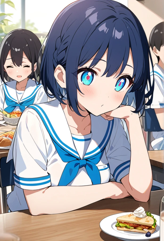 You are a professional illustrator。Please carefully check and draw the illustration according to the following conditions.。High school students enjoying their lunch in a crowded cafeteria、Delicate and beautiful anime face、Clear Eyes、Sailor suit、Braided short hair、